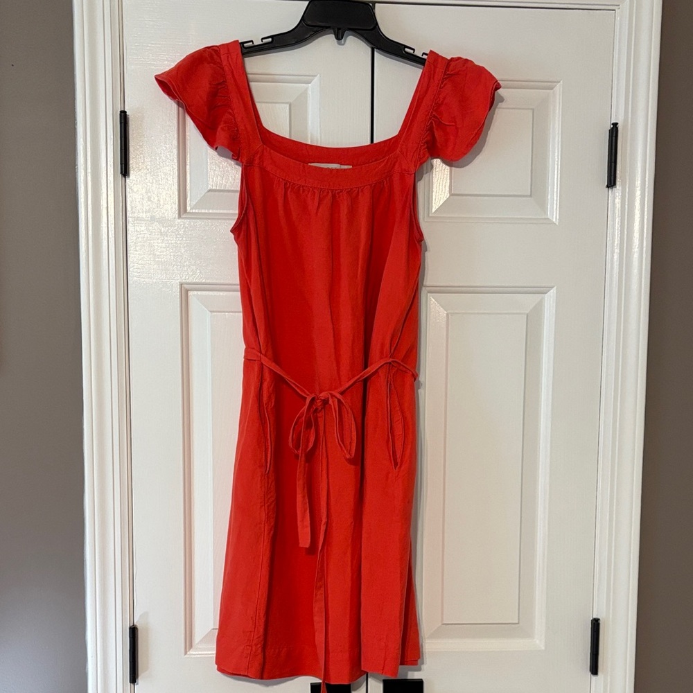 Loft medium red linen belted dress flutter sleeves knee length with pockets